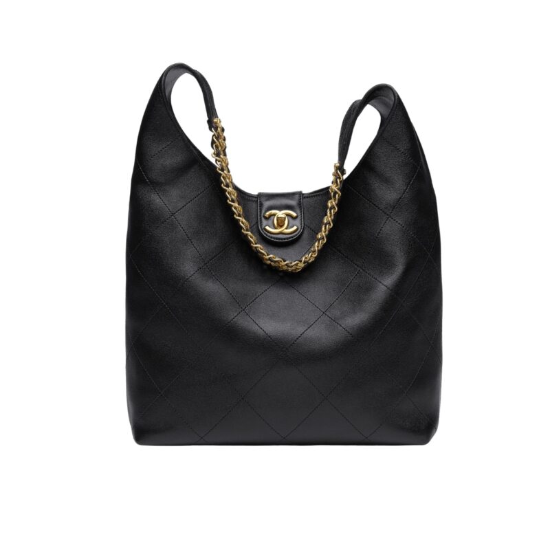 CHANEL LARGE HOBO BAG SHINY GOLD TONE METAL BLACK 21CM AS5410 B19776 94305