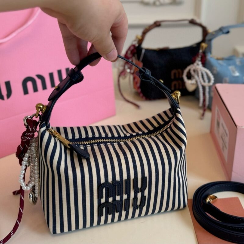 Alternative view of MIU MIU JACQUARD FABRIC POUCH WITH LOGO BALTIC BLUE AND BEIGE 19CM 5NE841 ACQ3 F0Z12