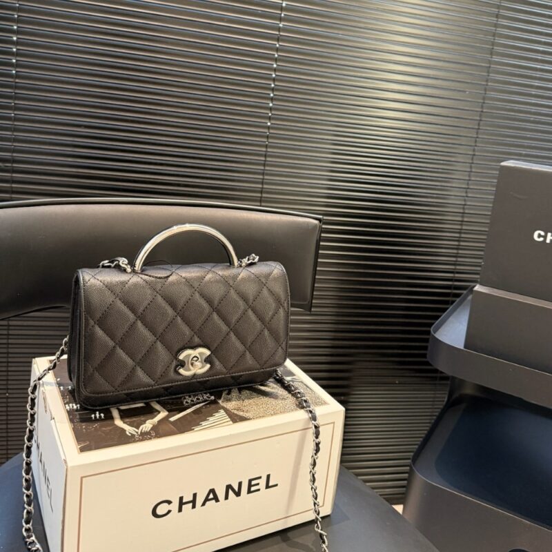 Alternative view of CHANEL SMALL FLAP BAG WITH TOP HANDLE SILVER TONE METAL BLACK 19CM AS5555 B20557 94305
