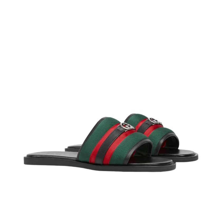 GUCCI MEN SLIDE SANDAL WITH INTERLOCKING G GREEN AND RED ‎835091 HAAHH 8449