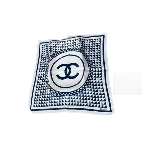 CHANEL CC MOTIF SQUARE NECK TWILL SILK SCARF WHITE