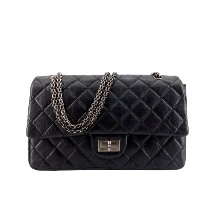 CHANEL 2.55 HANDBAG SILVER TONE METAL BLACK 25CM