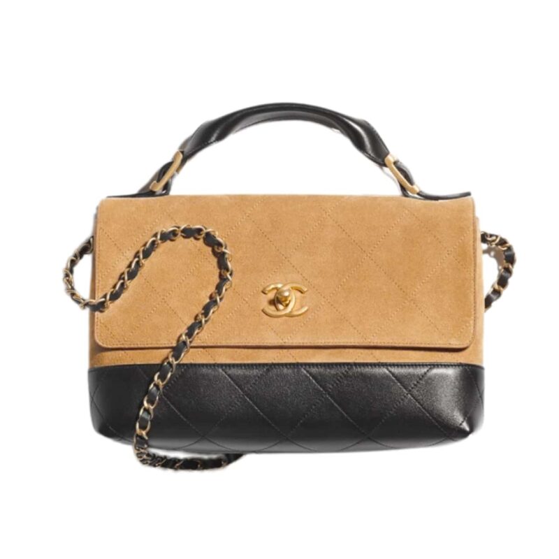 CHANEL LARGE FLAP BAG WITH TOP HANDLE SHINY AND GOLD TONE METAL BEIGE BLACK 29CM AS5637 B20827 U1536