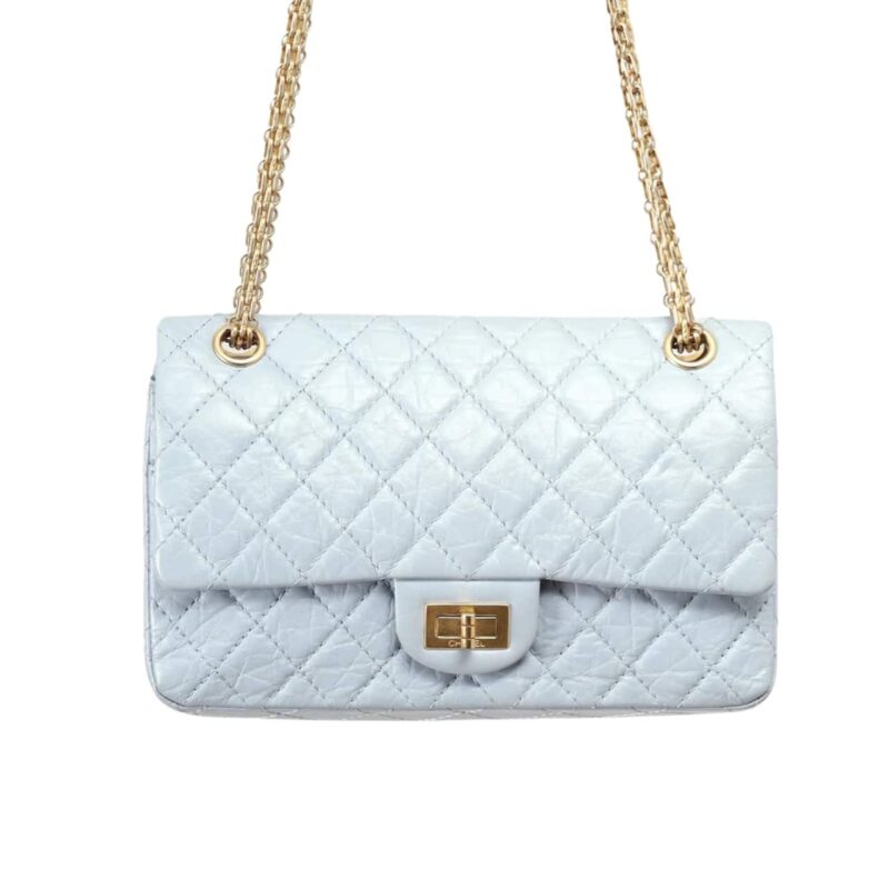 CHANEL 2.55 HANDBAG GOLD TONE METAL LIGHT BLUE 25CM