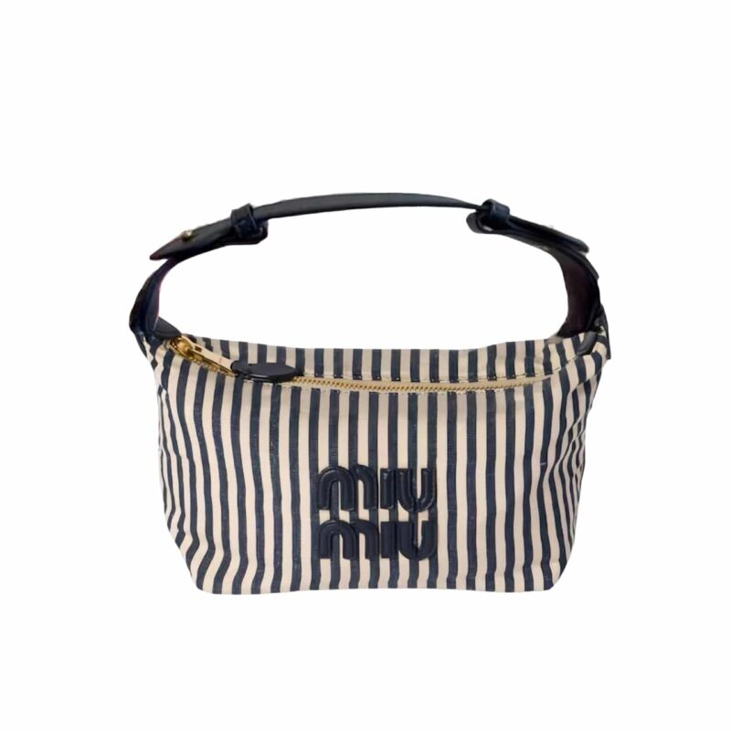 MIU MIU JACQUARD FABRIC POUCH WITH LOGO BALTIC BLUE AND BEIGE 19CM 5NE841 ACQ3 F0Z12