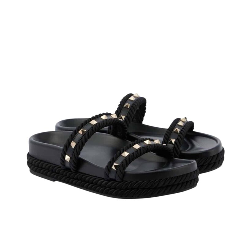 VALENTINO GARAVANI ROCKSTUD LEATHER ESPADRILLE SLIDE IN BLACK 6W2S0JR3BAE