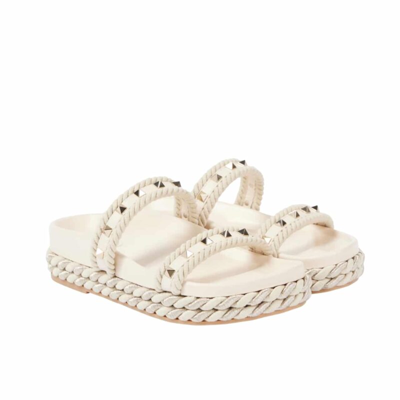 VALENTINO GARAVANI ROCKSTUD LEATHER ESPADRILLE SLIDE IN WHITE