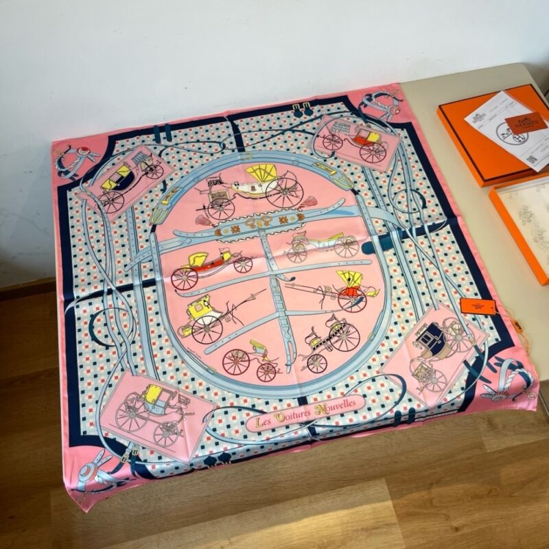 Alternative view of HERMES LES VOITURES NOUVELLES SCARF ROSE BONBON AND BLUE 90CM H984108S 01