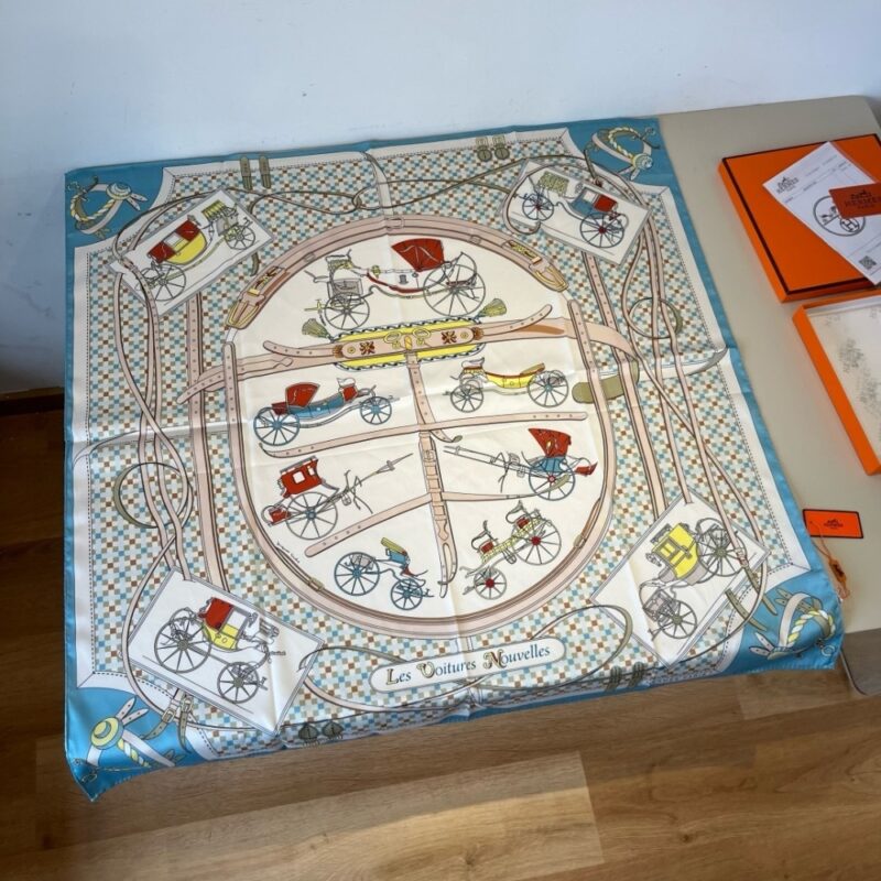 Alternative view of HERMES LES VOITURES NOUVELLES SCARF PALE BLUE AND WHITE 90CM H984108S 04