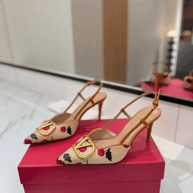 Alternative view of VALENTINO VLOGO SIGNATURE SLINGBACK PUMPS IN CHERRYFIC PATTERN NATURAL AND RED 6W0S0R01NNX 32H