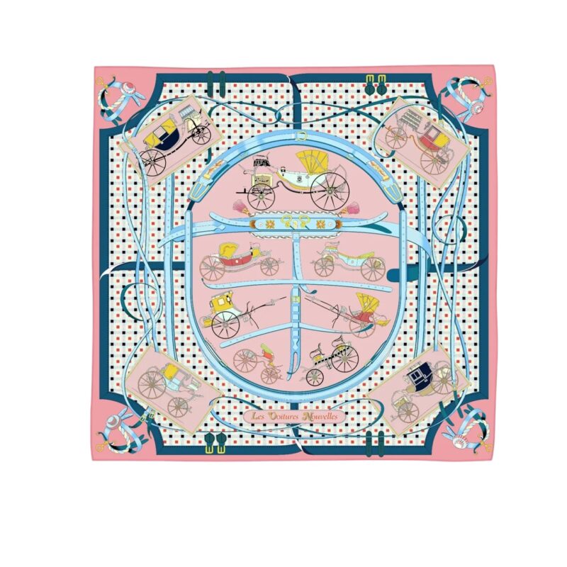 HERMES LES VOITURES NOUVELLES SCARF ROSE BONBON AND BLUE 90CM H984108S 01