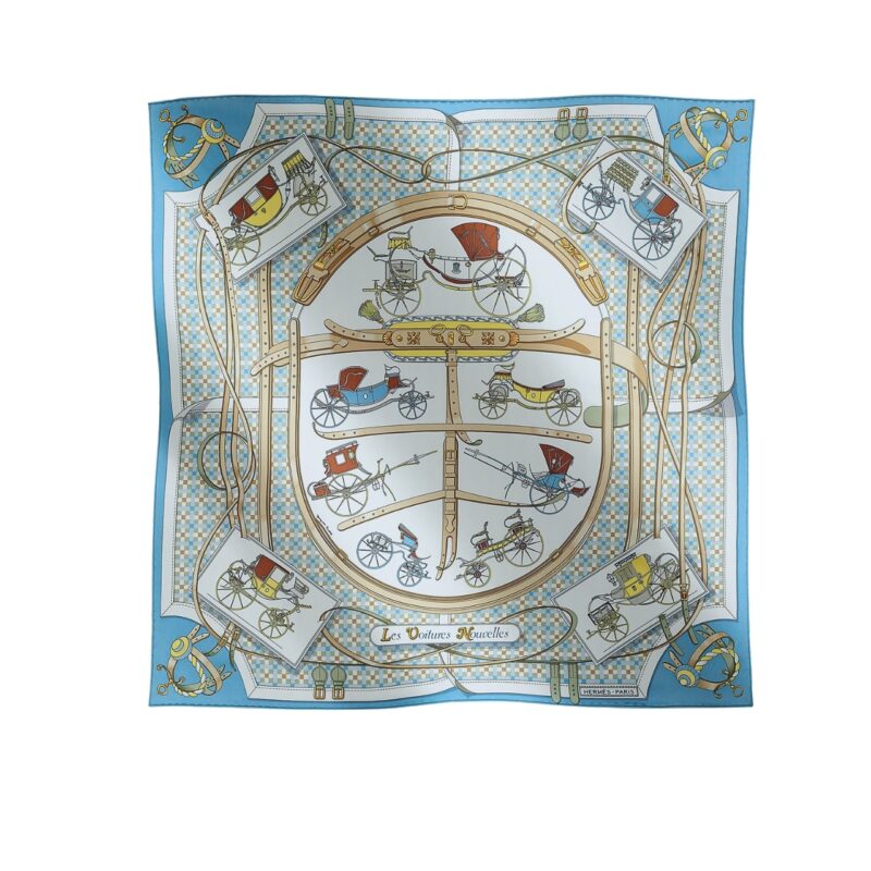 HERMES LES VOITURES NOUVELLES SCARF PALE BLUE AND WHITE 90CM H984108S 04