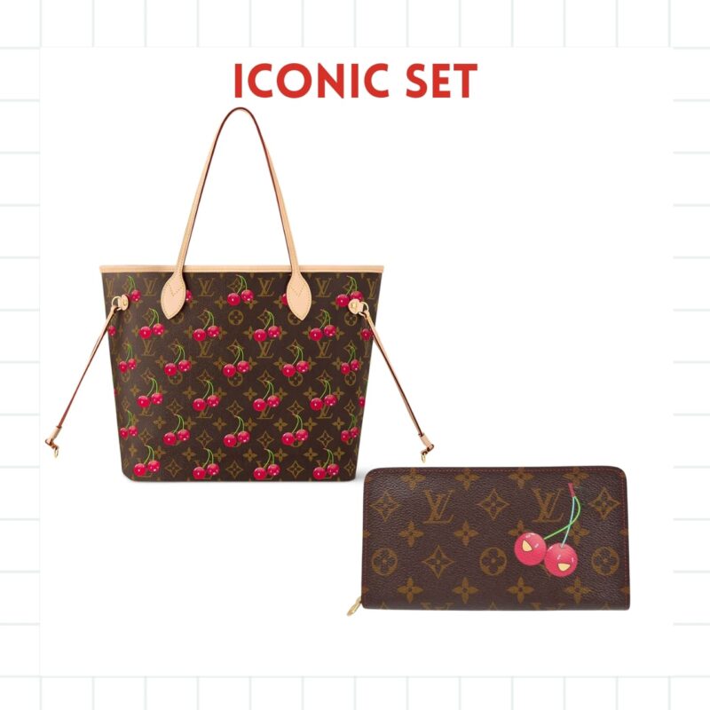 ICONIC SET: LOUIS VUITTON X TAKASHI MURAKAMI MONOGRAM CERISE NEVERFULL MM & CHERRY PORTE MONNAIE ZIPPY WALLET