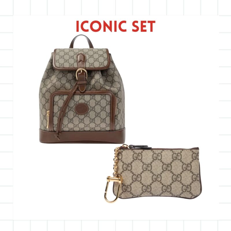 ICONIC SET: GUCCI BACKPACK WITH INTERLOCKING G & GG SUPREME CANVAS WALLET OPHIDIA KEY CASE