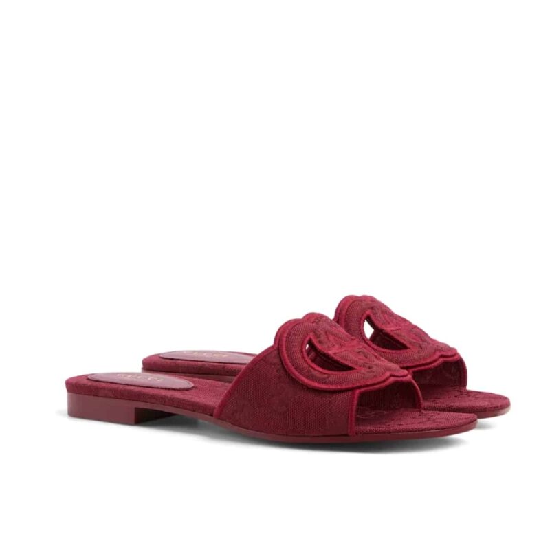 GUCCI WOMEN SLIDE SANDAL WITH INTERLOCKING G ROSSO ANCORA RED GG CANVAS ‎790447 9SF00 8549