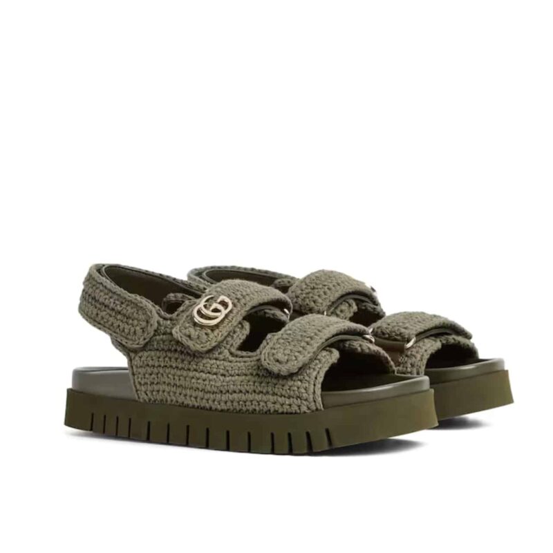 GUCCI WOMEN SANDAL WITH DOUBLE G DARK GREEN CROCHET ‎835086 FAEQ2 3037