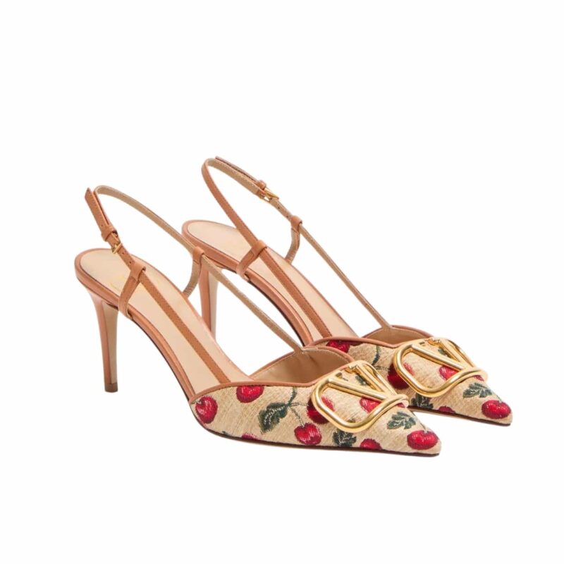 VALENTINO VLOGO SIGNATURE SLINGBACK PUMPS IN CHERRYFIC PATTERN NATURAL AND RED 6W0S0R01NNX 32H