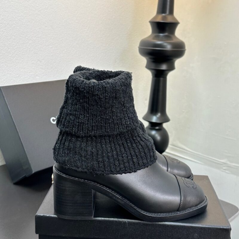 Alternative view of CHANEL LEATHER KNIT BOOTS BLACK