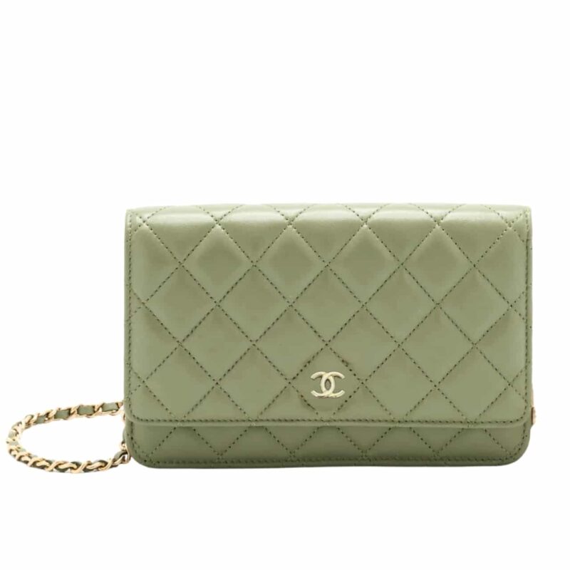 CHANEL CLASSIC WALLET ON CHAIN GOLD TONE METAL KHAKI 19CM