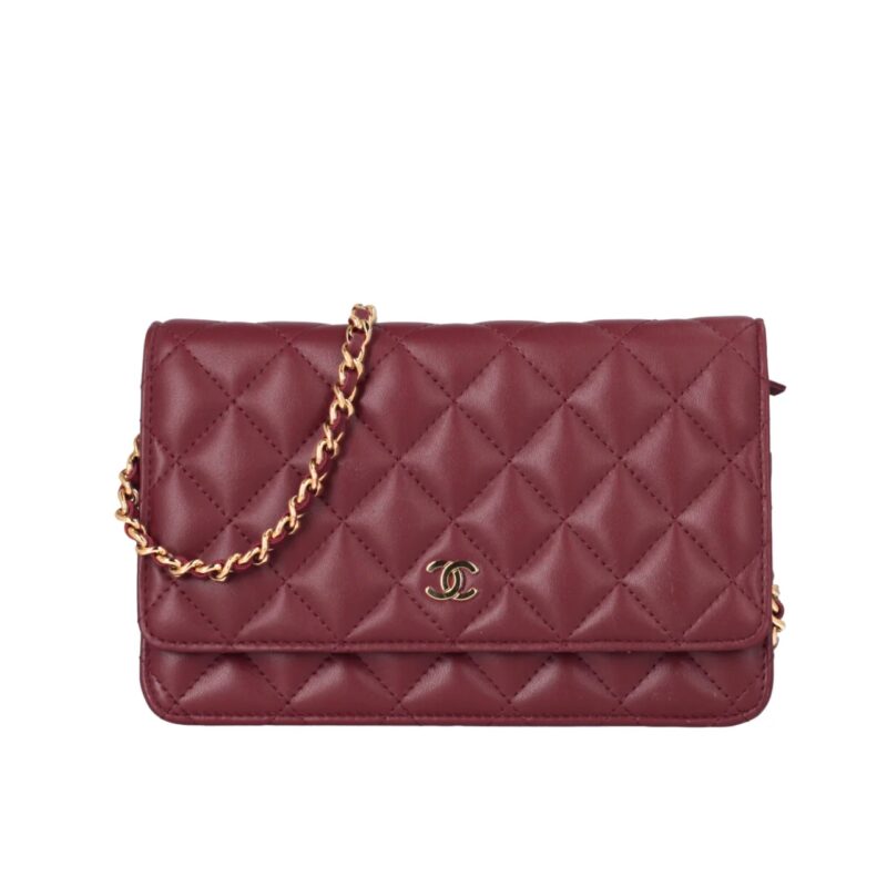 CHANEL CLASSIC WALLET ON CHAIN GOLD BURGUNDY 19CM