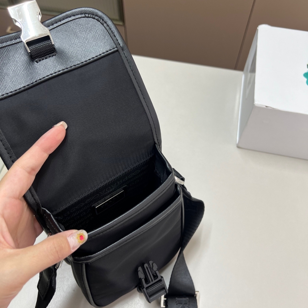 PRADA RE NYLON AND SAFFIANO LEATHER SHOULDER BAG BLACK 17CM 2VH112 2DMH F0002 V WOP - Image 8