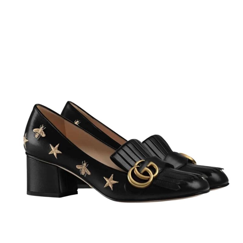 GUCCI MARMONT EMBROIDERED LEATHER MID HEEL PUMP BEE STAR BLACK 551548 D3V00 1000