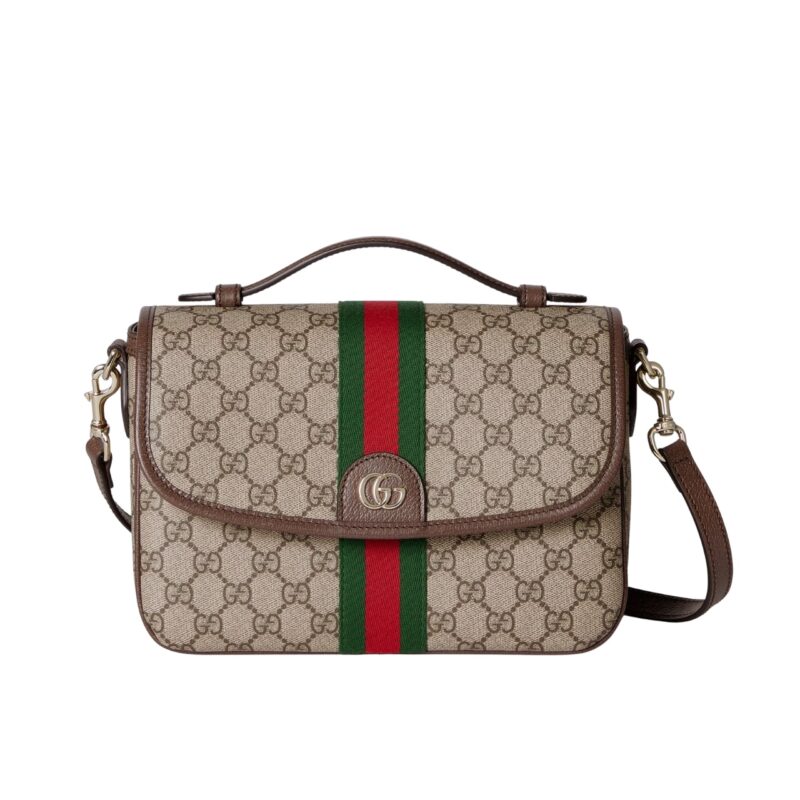 GUCCI OPHIDIA MEDIUM TOP HANDLE BAG IN BEIGE AND BROWN 24CM 836842FAE0J9867