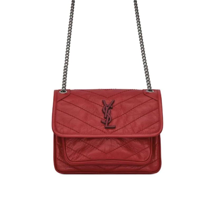 SAINT LAURENT NIKI MEDIUM IN LEATHER SILVER TONE RED 22CM