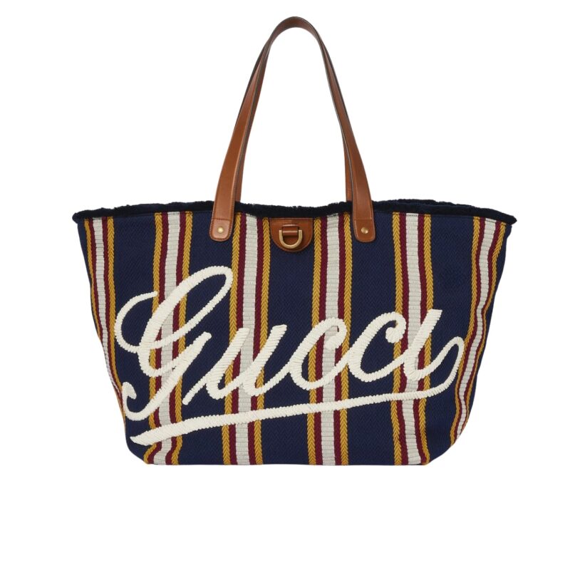 GUCCI EMBROIDERED LARGE CANVAS TOTE BAG IN DARK BLUE AND MULTICOLOR 37CM 818779 FAEF8 8796