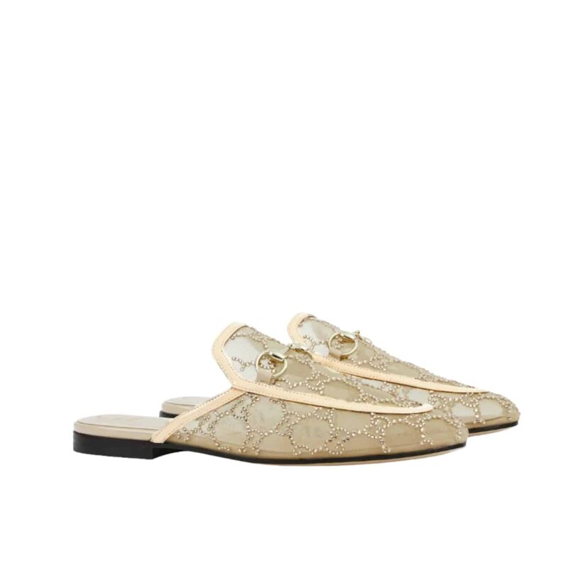 GUCCI WOMEN GG CRYSTAL PRINCETOWN SLIPPER BEIGE ‎835484 FAEQ0 9941