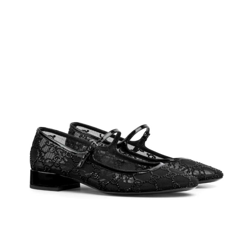 GUCCI WOMEN GG CRYSTAL BALLET FLAT BLACK MESH 835809 FAEQ0 1046