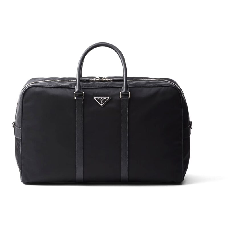 PRADA RE NYLON AND SAFFIANO LEATHER DUFFEL BAG BLACK 50CM 2VC042 2DMH F0002 V OOO