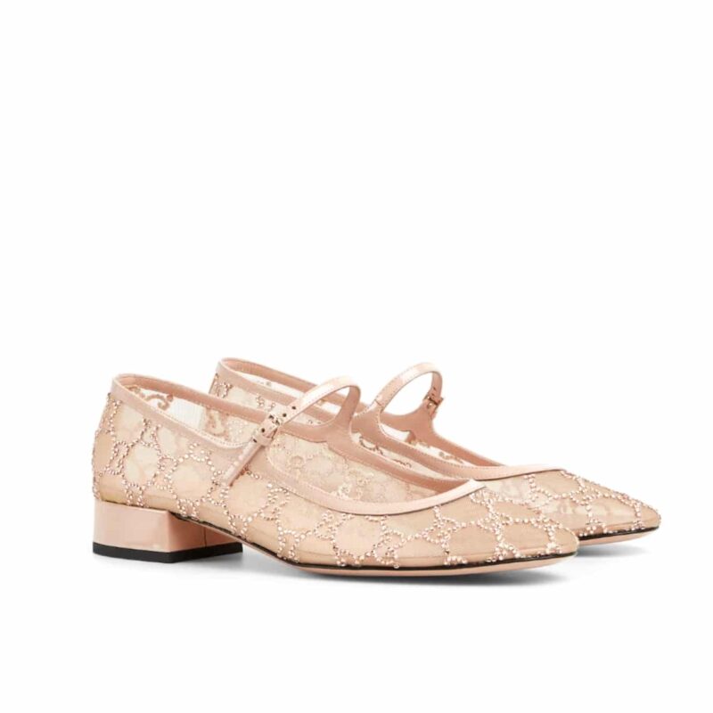 GUCCI WOMEN GG CRYSTAL BALLET FLAT LIGHT PINK MESH 836809 FAEQ0 9941