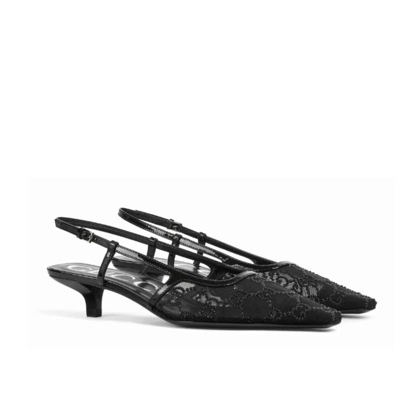 GUCCI WOMEN GG CRYSTAL SLINGBACK PUMP BLACK MESH ‎840728 FAEQ0 1046
