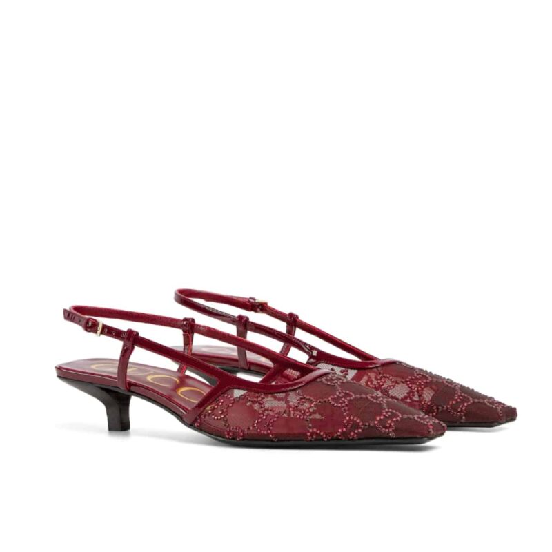 GUCCI WOMEN GG CRYSTAL SLINGBACK PUMP RED MESH ‎‎674668 FAEQ0 6255