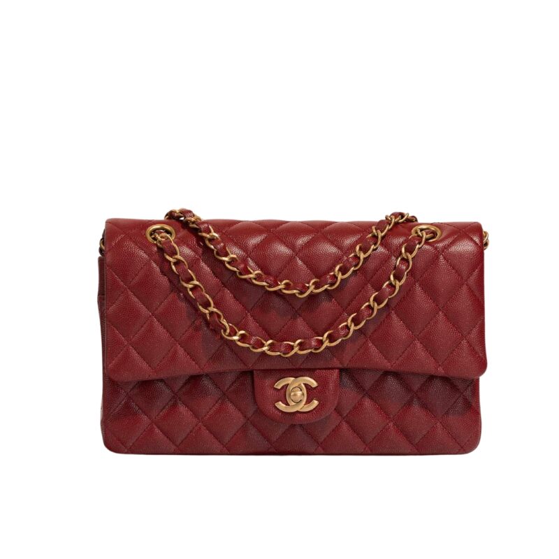 CHANEL MEDIUM CLASSIC DOUBLE FLAP BURGUNDY GOLD HARDWARE 25CM