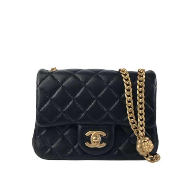 CHANEL MINI FLAP BAG WITH CAMELLIA FLOWER CHAIN BLACK 18CM