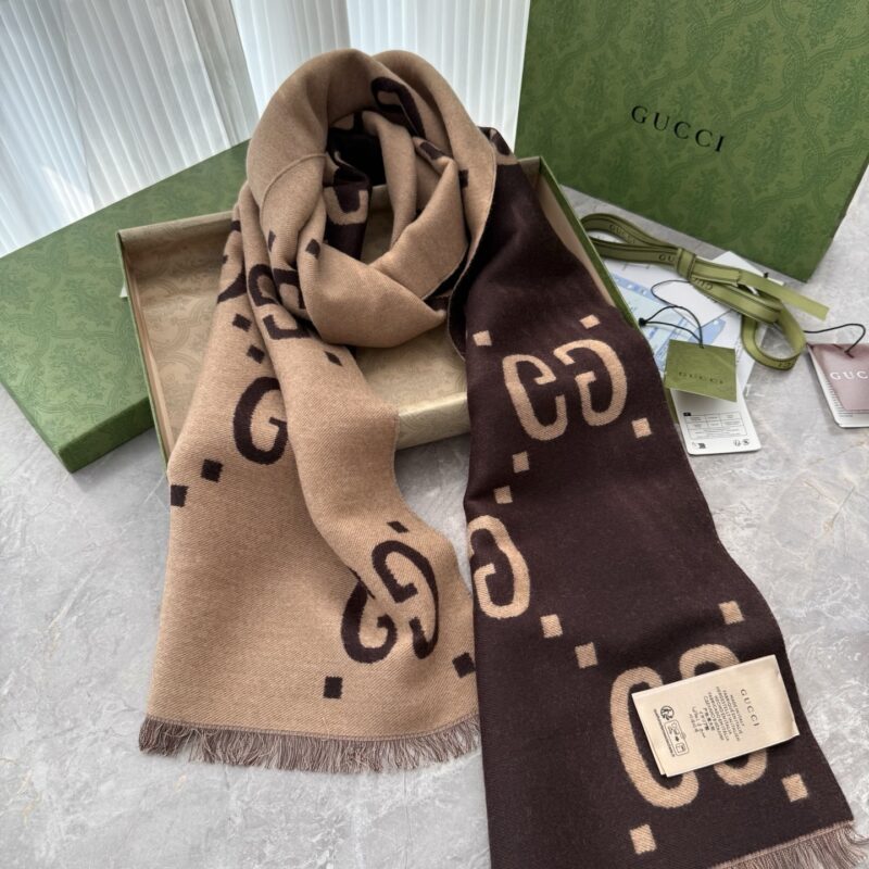 Alternative view of GUCCI GG JACQUARD WOOL SILK SCARF BROWN AND BEIGE 180CM 495592 4G350 2179