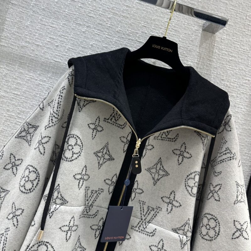 Alternative view of LOUIS VUITTON WOOL HOODED WRAP CAPE COAT GREY AND BLACK