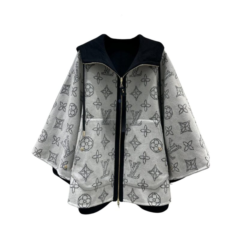 LOUIS VUITTON WOOL HOODED WRAP CAPE COAT GREY AND BLACK