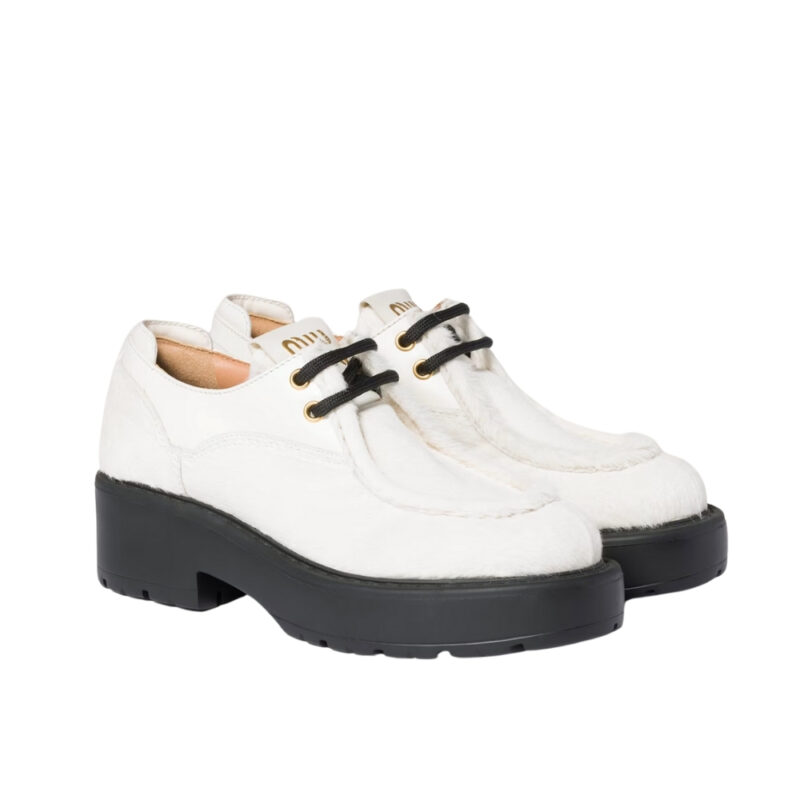 MIUMIU  LEATHER AND CALF HAIR LEATHER LACED SHOES IVORY 5E964D 2HIO F0304 F D055