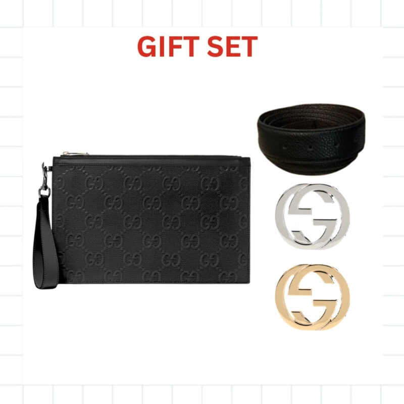 GIFT SET: GUCCI GG EMBOSSED POUCH WITH GUCCI BELT WITH THE DOUBLE G BUCKLE