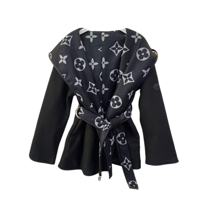LOUIS VUITTON SIGNATURE SHORT HOODED WRAP COAT BLACK