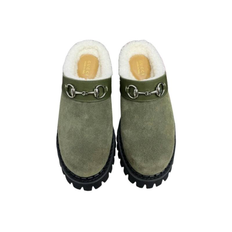 GUCCI HORSEBIT SHEARLING MULES IN DARK GREEN SUEDE