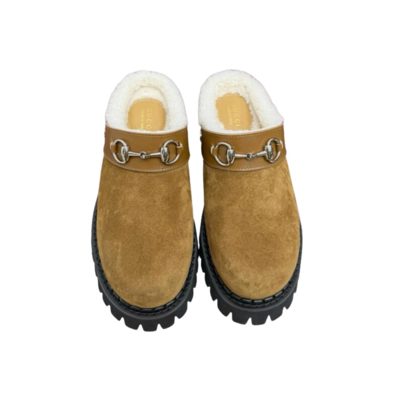 GUCCI HORSEBIT SHEARLING MULES IN BROWN SUEDE