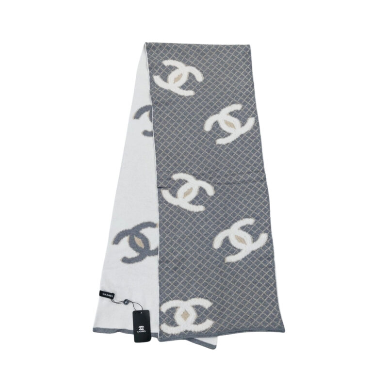 CHANEL SCARF INTERLOCKING CC LOGO GRAY AND WHITE 180CM