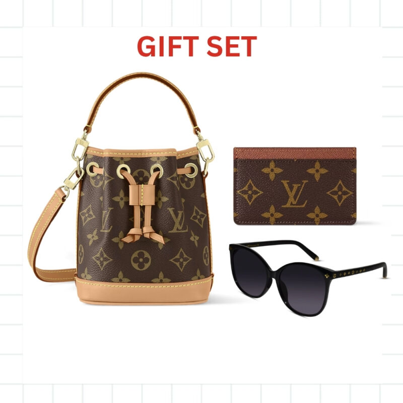 GIFT SET: LOUIS VUITTON NANO NOÉ BAG MONOGRAM BROWN WITH CARD WALLET & MY MONOGRAM LIGHT CAT EYE GLASSES