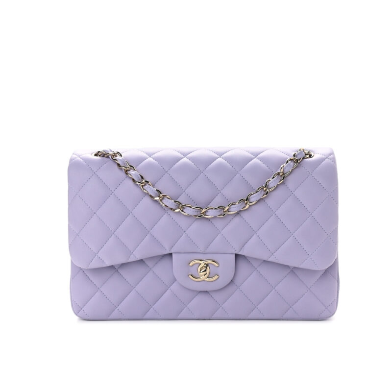 CHANEL MEDIUM CLASSIC DOUBLE FLAP PURPLE GOLD HARDWARE 25CM