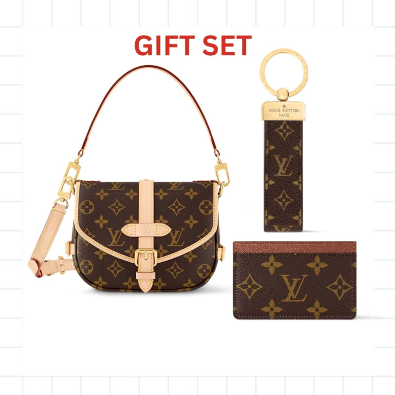 GIFT SET: LOUIS VUITTON NANO SAUMUR BB MONOGRAM BROWN WITH CARD WALLET & DRAGONNE KEYCHAIN
