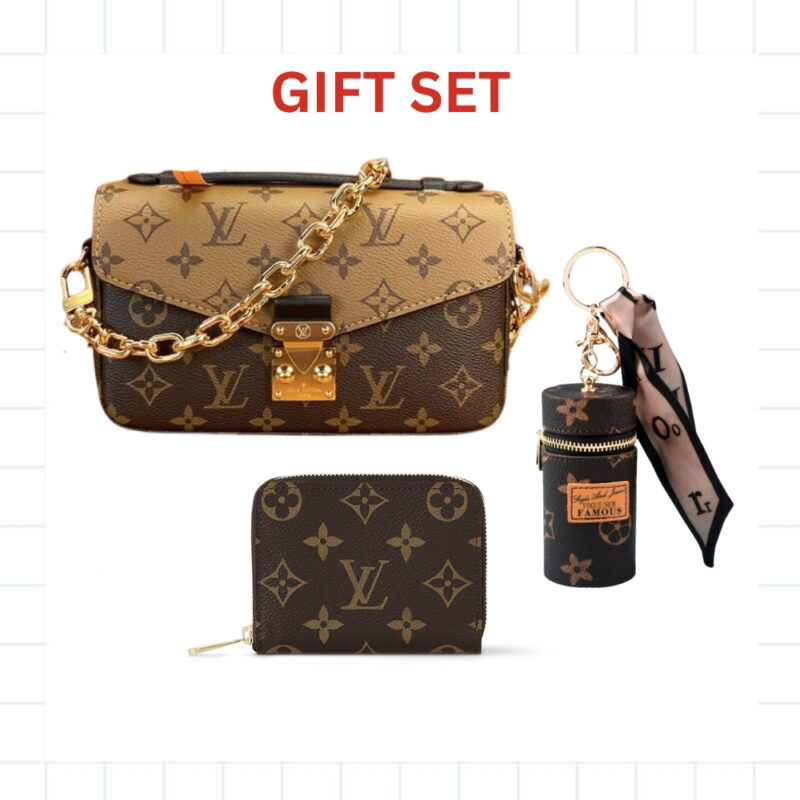 GIFT SET: LOUIS VUITTON POCHETTE MÉTIS BAG MONOGRAM REVERSE CANVAS WITH MINI KEYCHAIN & KNOW ZIPPY COIN